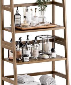 HITNET Estantería de Escalera, Librería de 4 Niveles, Estantería de Almacenaje de Pie, Estante de baño de bambú, para Salón, Dormitorio, Cocina, Oficina en Casa, Nogal