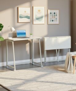 MEUBLE Cosy Mesa de Ordenador Plegable con Ruedas o Patas Ajustables, Ahorro de Espacio, Fácil de Mover, Estilo Moderno, Blanco
