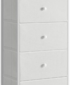 SONGMICS - Mueble de Almacenamiento para Dormitorio, Columna de Almacenamiento de Tela con 5 cajones, Marco de Metal, Color Blanco y Madera LTS315W01