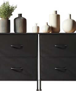 DUMOS Cómoda para Dormitorio con cajones de Tela, Organizador Alto para Ropa, Armario, habitación Infantil, Torre de Almacenamiento con Armario Marco de Metal, Placa de Madera Ligera