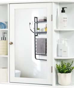 FANTASK Armario de baño con Espejo de Madera con 4 estantes y 6 estantes Abiertos, 66 x 17 x 63 cm, Color Blanco
