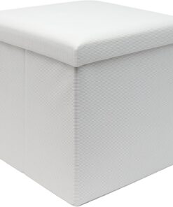INTIRILIFE Taburete Plegable 38 x 38 x 38 cm en Blanco - Cubo de Asiento con Espacio de Almacenamiento y Tapa de Tela con Aspecto de Pana - reposapiés Caja de Almacenamiento Cofre Asiento de Banco