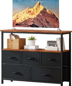 Mueble de TV con almacenamiento, consola de TV con 5 cajones de tela y estantes, consola multimedia para sala de estar, soporte de TV para dormitorio (negro)
