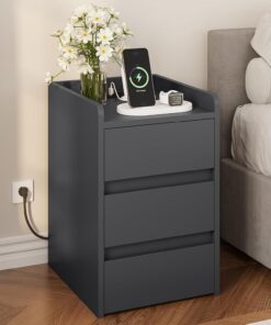 YITAHOME Mesita de Noche con 3 cajones y Fuente de alimentación, cómoda de Noche con Base de Carga, 2 Puertos USB y enchufes, Mesa Auxiliar Impermeable para salón y Dormitorio, 35 x 40 x 59 cm (Gris) | Cómoda de noche con estación de carga, mesa auxiliar impermeable para salón y dormitorio