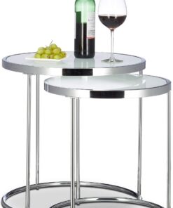 Relaxdays Set 2 Mesas Auxiliares Redondas, Cristal y Acero Cromado, Plata, 51 x 50 x 50 cm
