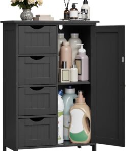 VASAGLE Armario de Baño, Mueble de Baño Estrecho, Cómoda de Baño, Cajonera con 4 Cajones, Armario con Puerta, Estante Ajustable, 30 x 55 x 82 cm, Negro Tinta LHC041B02