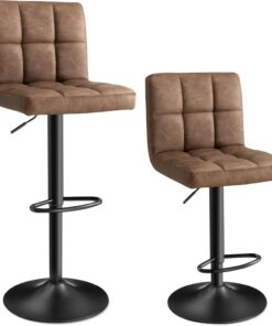 SONGMICS Juego de 2 Taburetes de Bar, Silla Alta, Altura Regulable con Funda de PU, Giratorio con Respaldo y Reposapiés, Comedor, Mostrador, Acero Cromado, Marrón Nogal LJB064K02