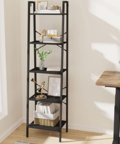 Hzuaneri Estantería de escalera de 5 niveles, estantería de almacenamiento esquinera independiente con 2 ganchos para oficina en casa, sala de estar, cocina, dormitorio, industrial, color negro