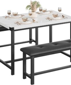 Juego de mesa de comedor de 3 piezas para 4 personas con 2 bancos tapizados, mesa de cocina que ahorra espacio, marco de metal moderno, muebles de comedor rectangulares para apartamentos y