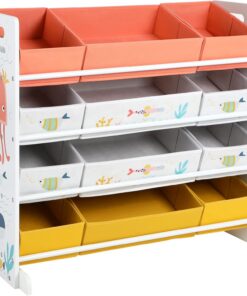 SONGMICS Estantería de Juguetes, Organizador Infantil con 12 Cajas de Tela No Tejida, para Libros, Estantería para Niños, para Sala de Juegos, Multiusos, Blanco GKRS04WT