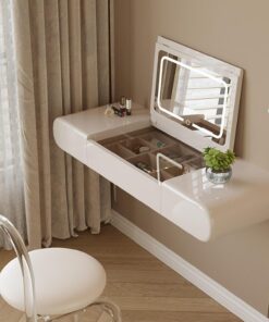 Mesa de Maquillaje Flotante de Madera Negro/Blanco con Espejo Abatible, Tocador con LED de 3 Colores y Compartimentos Múltiples, Mesita de Noche Flotante(White,60cm/23.6in)