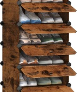 SONGMICS Zapatero Modular con 10 Compartimentos, Marrón Rústico | Estantería Modular de Plástico, Cajas Zapatero DIY, Zapatero Plástico con Puerta, con Martillo, LPC010A01
