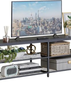 Mueble para TV de hasta 70 pulgadas, mueble de TV con 3 compartimentos abiertos, estante de TV para sala de estar, dormitorio, 180 x 40 x 50 cm, diseño industrial, estructura de acero, color negro