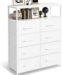 Cómoda para dormitorio, con 8 cajones de tela, organizador de almacenamiento alto con estantes de 2 capas, soporte de TV con parte superior de madera y marco de metal resistente (blanco)