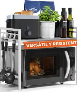 Heldenwunder Estantería Microondas Estantes Cocina Acero (2 Niveles) | Mueble Microondas Horno Estanterias Almacenaje Organizador Estante Panadería Ajustable + Instrucciones en Vídeo, Ganchos – Blanco