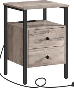 HOOBRO Mesita de Noche, Mesas de Centro con Enchufe y Puerto USB, Mesa Auxiliar con Cajones y Estantes de Almacenamiento, Adecuada para Sala de Estar, Dormitorio, Greige EBG43CBZ01G2
