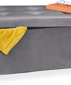 Relaxdays Banco Almacenaje, Acolchado, Terciopelo, Patas Madera, hasta 120 kg, Plegable, 34 x 76 x 38 cm, Gris Oscuro