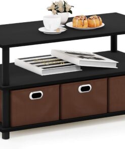 Furinno Frans Mesa de Centro con Cajones, Madera de ingeniería, Roble Negro/Negro/Marrón, 79.2 (W) x 40.1 (H) x 39.4 (D) cm