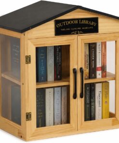 Biblioteca al aire libre con ventanas de 2 lados, almacenamiento de caja de libros al aire libre, madera de pino maciza con revestimiento impermeable y herrajes inoxidables para la