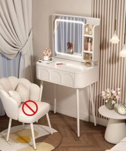 Tocador con Espejo LED de 3 Colores, Mesa de Maquillaje Estante Abierto y cajones, Patas de Hierro, cajones de Apertura Push-to-Open, Ideal para Espacios pequeños(60cm/23.6in)