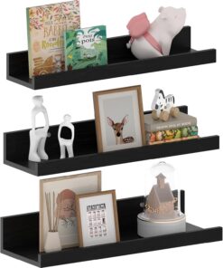EXYGLO Estante de Pared de Madera Rústica, Estantes Negro para Sala de Estar, Dormitorio, Cocina, Baño, Ahorra Espacio en el Hogar, Juego de 3