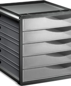 Rotho Spacemaker - Cajón/Caja de Oficina con 5 Cajones, Plástico (PS) sin BPA, Transparente/Negro, 33.5 x 28.5 x 32.0 cm | Bandeja de oficina de plástico PS sin BPA. Estante superior para clips y bolígrafos. Medidas 33.5 x 28.5 x 32 cm. Suizo.