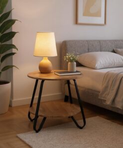 MEUBLE Cosy Mesitas de Noche Redonda para Dormitorio con Marco de Acero Resistente de Madera Contrachapada, Marrón Claro