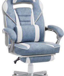 SONGMICS Silla de Oficina, Silla Gaming Ergonómica, con Reposapiés Telescópico, Respaldo Ajustable, Reposacabezas y Soporte Lumbar, Carga de 150 kg, Azul Pavo y Blanco Crema OBG073Q01