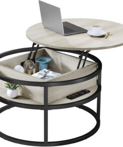 YITAHOME CT41 Mesa de Centro con Tapa elevable, Hierro Madera de Metal, Blanco Roble, 80x80x47cm