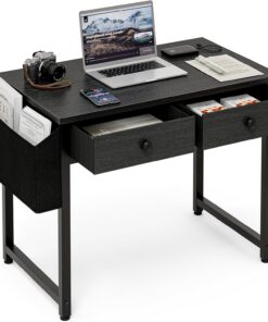 Grandder Escritorio pequeño para ordenador con 2 cajones de tela, 100 cm, con compartimentos de almacenamiento y cajones, color negro