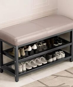 Banco de Zapatos de Entrada, Banco de Almacenamiento con Cojín de Asiento de Cuero, Estantes Abiertos, Estructura de Acero, Zapatero para Entrada, Pasillo, Dormitorio (Color : Gray, Size : 23