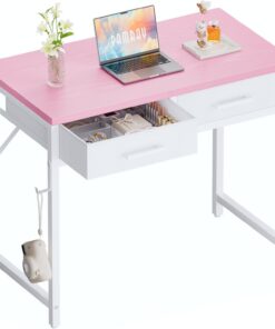 PAMRAY 80x40cm Escritorio pequeño con 2 cajones, Ideal para Dormitorio, Estudio, Escritura, hogar y Oficina, Espacios pequeños, Rosa