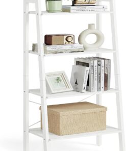 VASAGLE Estantería de Escalera, Estantería de 4 Niveles, para Salón, Dormitorio, Cocina, Oficina en Casa, Estilo Moderno, Marco de Acero, Blanco Arce y Blanco Perla LLS044W44