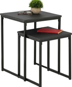 Relaxdays Mesas Auxiliares, Pack de 2, Mesitas de Salón, Diseño Nido, 2 Tamaños y Apilables, Metal, Decorativas, Negro