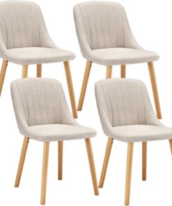 Juego de 4 sillas de comedor de poliéster para sala de estar con patas de madera, silla de cocina tapizada, color beige