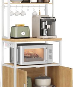 VASAGLE Estantería de Cocina con Enchufes, Altura de 90 cm, Estantería para Microondas con 8 Ganchos, 40 x 60 x 170 cm, Roble Dorado y Blanco Nube KKS058Y02