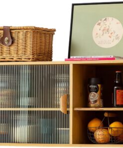 Tiita Armario pequeño de despensa de cocina, aparador de pared de bambú con puertas de cristal, armario de despensa de alimentos para cocina, sala de estar y comedor dormitorio
