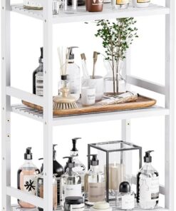 HITNET Estantería de Bambú, Organizador de Estante de Almacenamiento de Baño, Estantería de pie para Plantas con 5 Estantes Ajustables, Blanco
