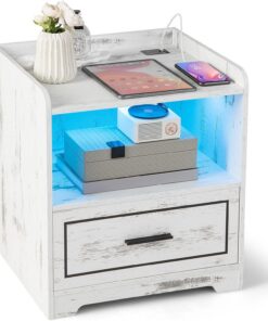 FANTASK Mesita de Noche con luz LED, Puerto USB y estación de Carga Tipo C con Compartimento Abierto y cajón, mesita de Noche con Detector de Movimiento, Color Blanco