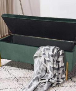 BAKAJI Baúl Puf Contenedor Banco Taburete Reposapiés de Tela Terciopelo Verde, Madera, Medio