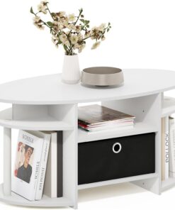 Furinno Jaya Mesa Auxiliar Ovalada con estantes y Compartimento de Almacenamiento; para Sala, Dormitorio u Oficina en casa; Color Blanco
