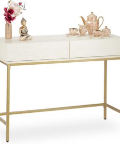 Relaxdays Consola Recibidor, 2 Cajones, Sideboard, Mesita Pasillo, Salón, Madera y Metal, 80x110x40 cm, Blanco y Dorado