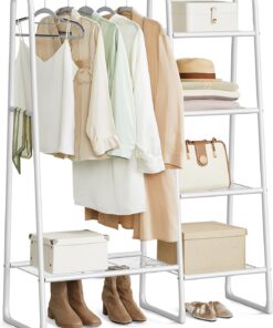 SONGMICS Perchero, Burro de Suelo, 5 Estantes, Estructura de Metal, 40 x 101,7 x 153,3 cm, Dormitorio, Salón, Recibidor, Blanco Mate HSR138W01