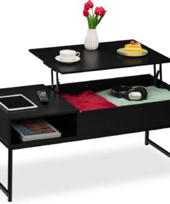 Relaxdays Mesa de Centro Abatible, Mesita Baja, 45x110x50 cm, Compartimento Lateral y de Almacenamiento, Metal, Negro