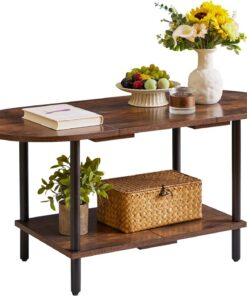 Aibiju Mesa Auxiliar Pequeña, Mesa de Salón, Mesa de Centro de Madera con Estantes de Almacenamiento de 2 Niveles para Sala de Estar/Oficina, Marrón RúStico + Patas Negras, YD-011H