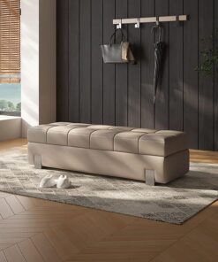 Banco con Almacenaje de Cuero de Silicona, Baúl Puff Taburete de Dormitorio Pie de Cama para Almacenamiento, Banqueta Zapatero de Entrada con Esponja de Alta Resiliencia(D,140cm/59in)