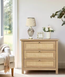 Hallowood Furniture Newquay - Cómoda con 3 cajones de madera y parte delantera de ratán, cómoda pequeña, cajones de noche, unidad de almacenamiento para pasillo y dormitorio, armarios de sala de estar