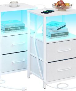 TUTOTAK Juego de 2 mesitas de noche, mesa auxiliar LED con estación de carga | Mesita de noche con cajón de tela, mesa auxiliar con 1 puerto USB y 1 puerto tipo C, mesa de sofá, color blanco TB01BW052L