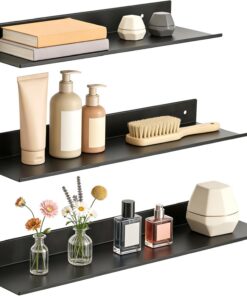 Romon Estanteria Pared, Juego de 3 Estanterías de Pared de Aluminio Negro, Estantería Flotante Multifuncional, Estantes Adhesivos de Metal para Decoración y Doméstico, Baño, Cocina y Salón, 30/35/40CM