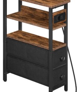 HOOBRO Mesa Auxiliar Estrecha con Estación de Carga, Mesita de Noche Delgada con Cajones de Tela, para Sala de Estar, Dormitorio, Espacios Pequeños, Marrón Rústico y Negro EBF132CBZ01